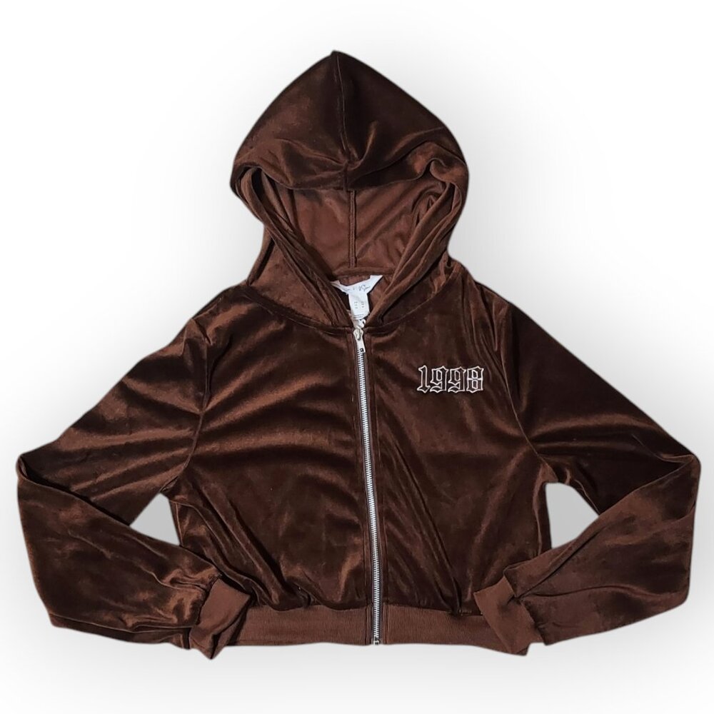 Birch & Stone Crop Y2K Hooded Women's Jacket Velour Brown M NWT